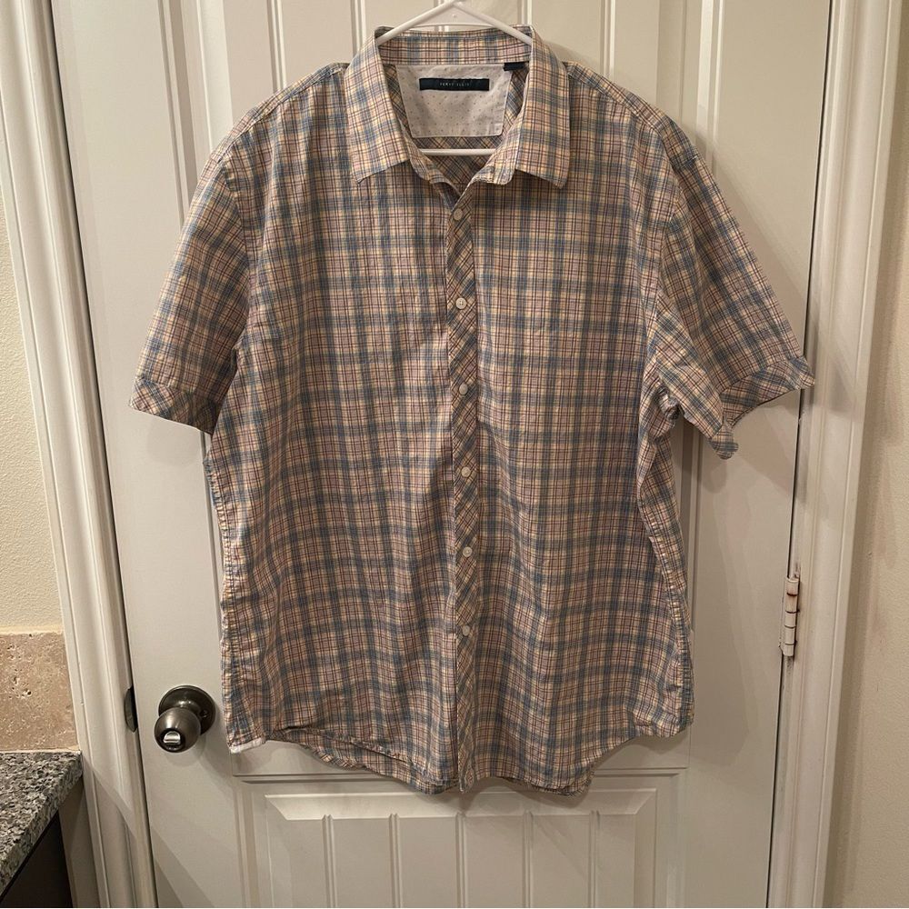 Perry Ellis Beige Yellow Blue Plaid Button Down Men’s XXL Short Sleeve Shirt